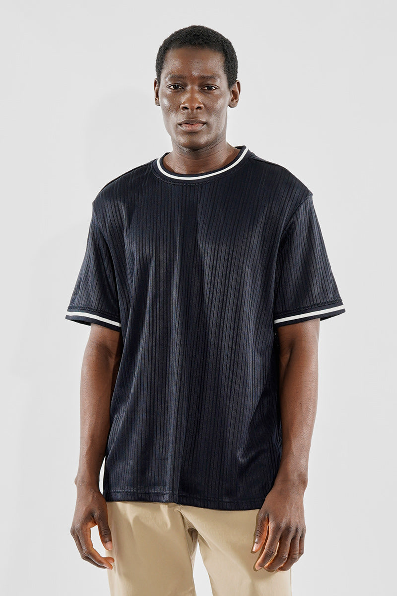 For Him London Stripe Detail Ribbed Crewneck Tee - Navy - Mens Tees & Tank Tops - International Clothiers