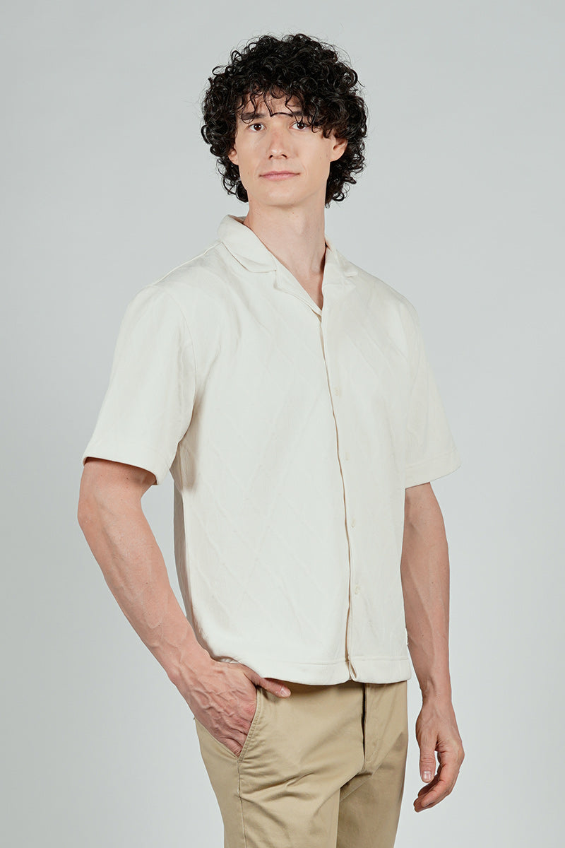 Saints Studio Solid Diamond Pattern Textured Camp Collar Casual Shirt - Cream