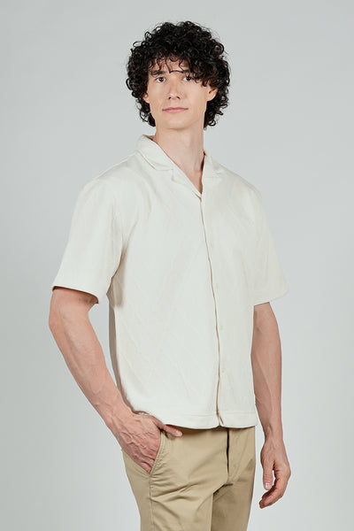 Saints Studio Solid Diamond Pattern Textured Camp Collar Casual Shirt - Cream