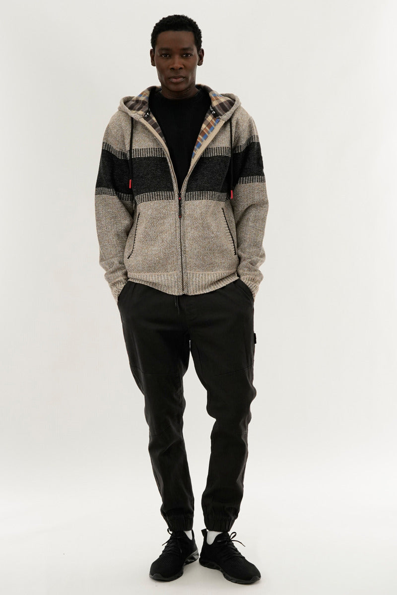 Canada Weather Gear Plaid Lined Striped Zip Up Hoodie - Beige - Mens Hoodies & Sweatshirts - International Clothiers