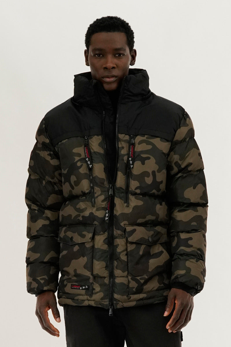 Canada Weather Gear Colour Block Camo Puffer Bomber Jacket - Olive - Mens Bomber Jackets - International Clothiers