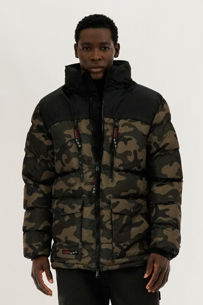 Canada Weather Gear Colour Block Camo Puffer Bomber Jacket - Olive - Mens Bomber Jackets - International Clothiers