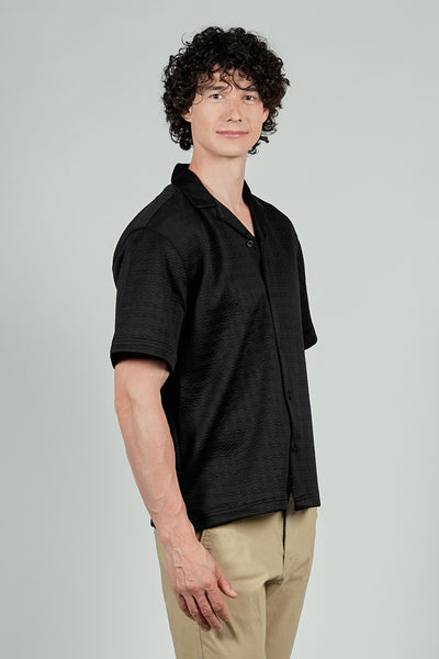 Saints Studio Solid Textured Camp Collar Casual Shirt - Black