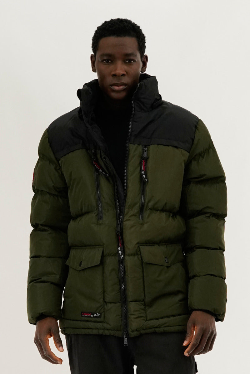 Canada Weather Gear Colour Block Puffer Bomber Jacket - Olive - Mens Bomber Jackets - International Clothiers