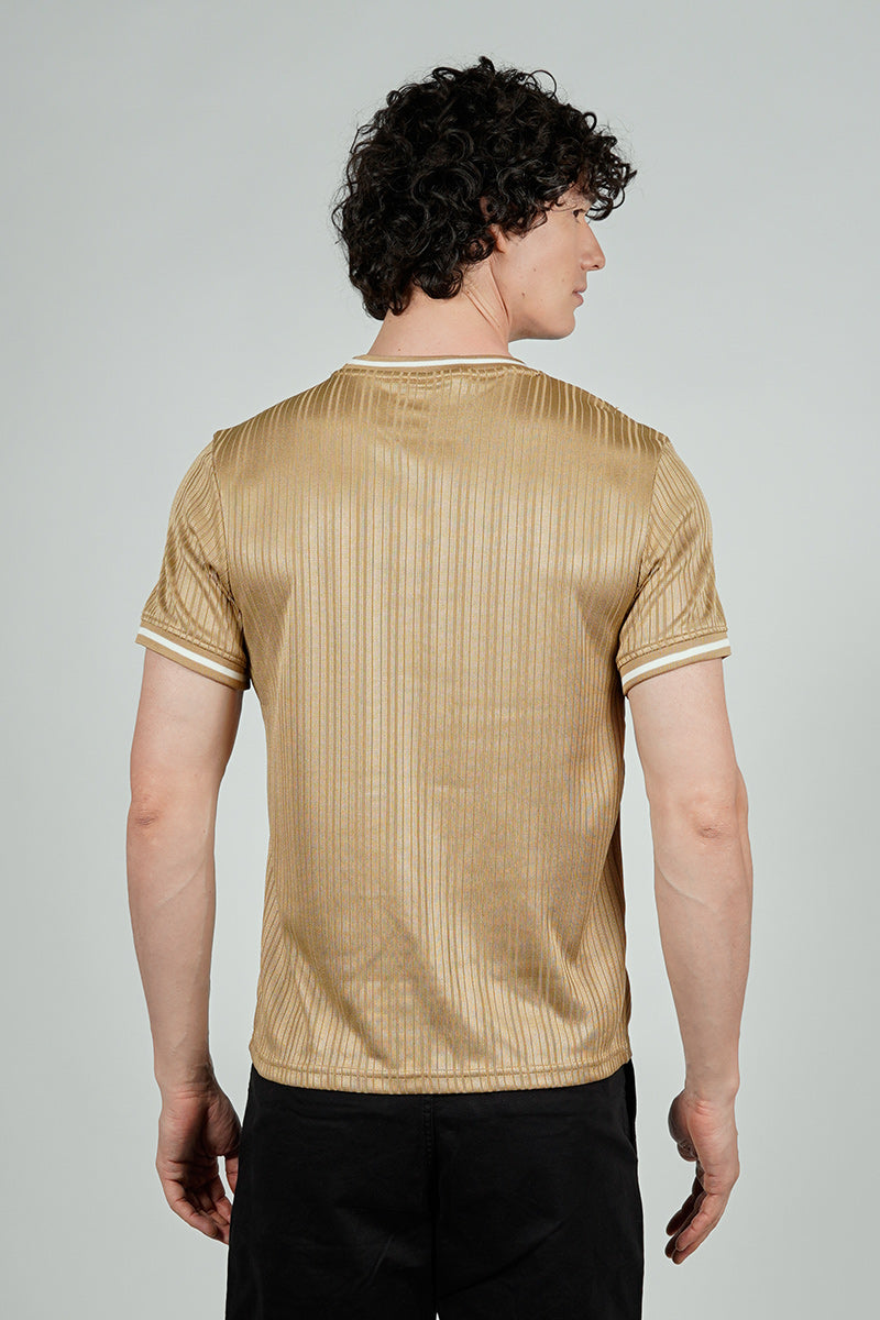For Him London Stripe Detail Ribbed Crewneck Tee - Camel
