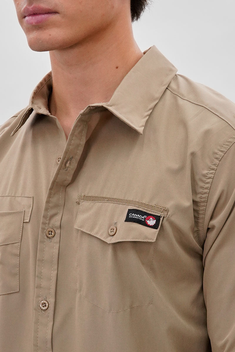 Canada Weather Gear Adventure Bound Utility Roll Up Sleeve Casual Shirt - Beige - Mens Casual Shirts - International Clothiers