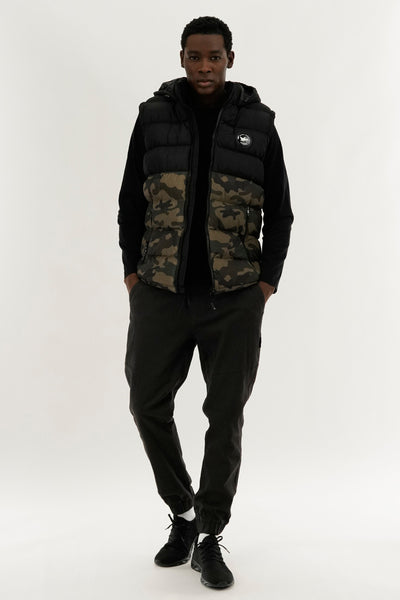 Super Triple Goose Colour Block Camo Hooded Vest - Olive - Mens Vests - International Clothiers