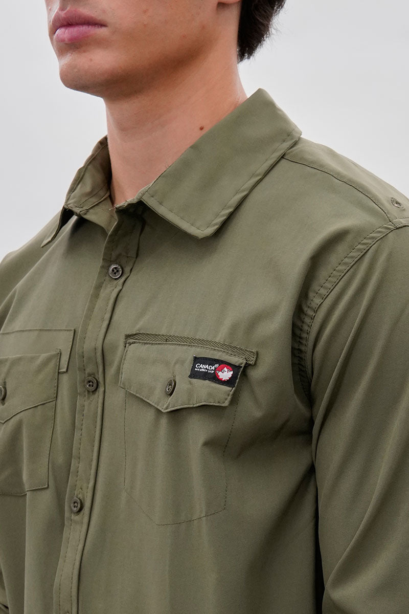 Canada Weather Gear Adventure Bound Utility Roll Up Sleeve Casual Shirt - Olive - Mens Casual Shirts - International Clothiers