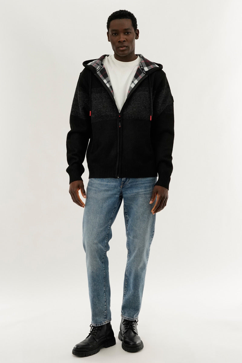 Canada Weather Gear Plaid Lined Striped Zip Up Hoodie - Black - Mens Hoodies & Sweatshirts - International Clothiers