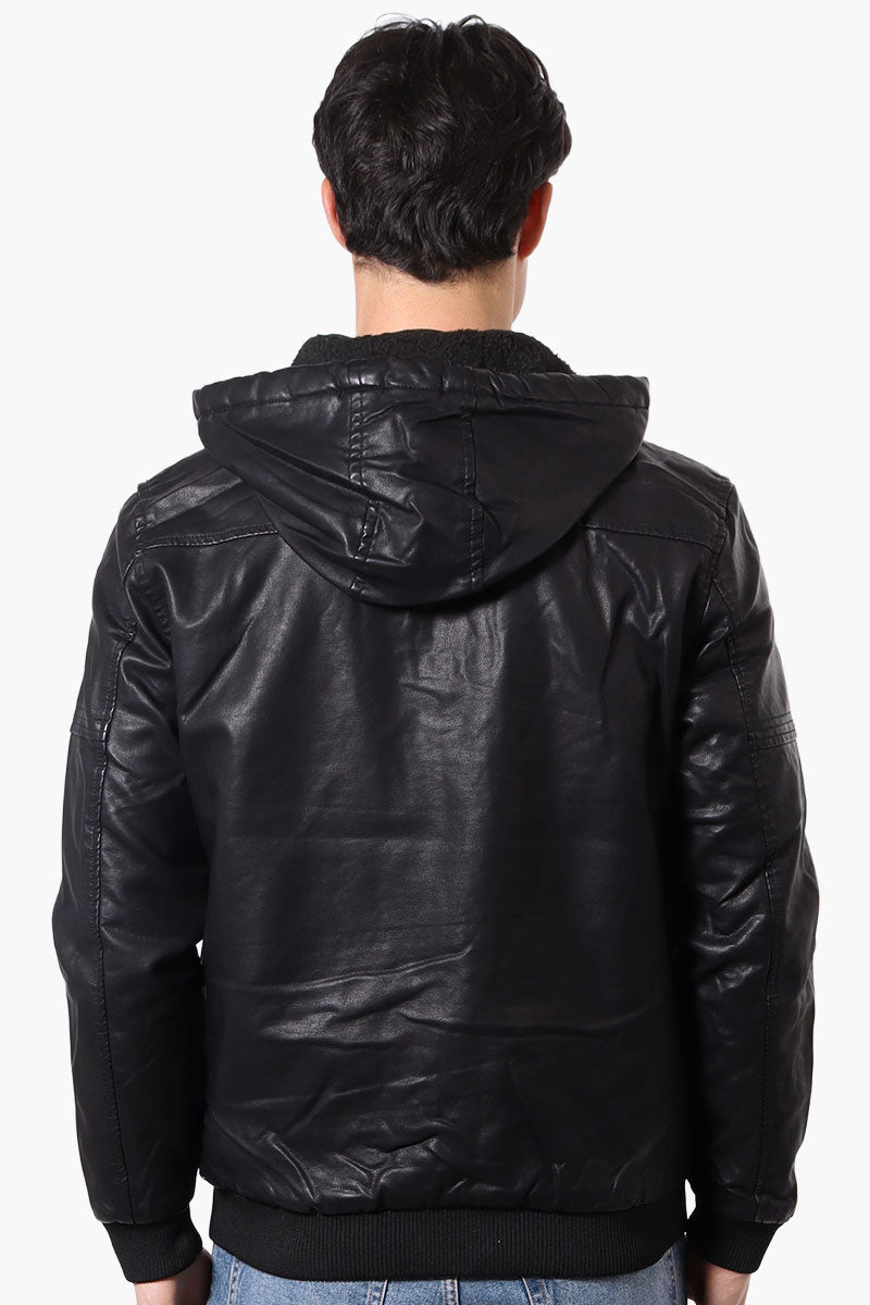 Hooded Vegan Leather Moto Jacket - Black