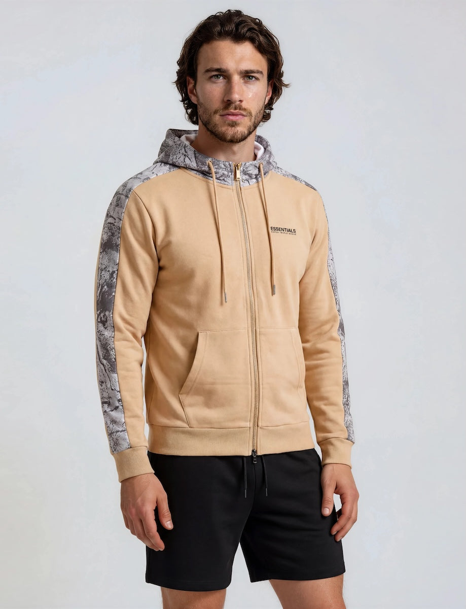 Contrast Camouflage Zip Up Hoodie - Camel