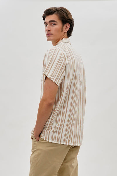 Super Triple Goose Vintage Striped Button Up Casual Shirt - Beige - Mens Casual Shirts - International Clothiers