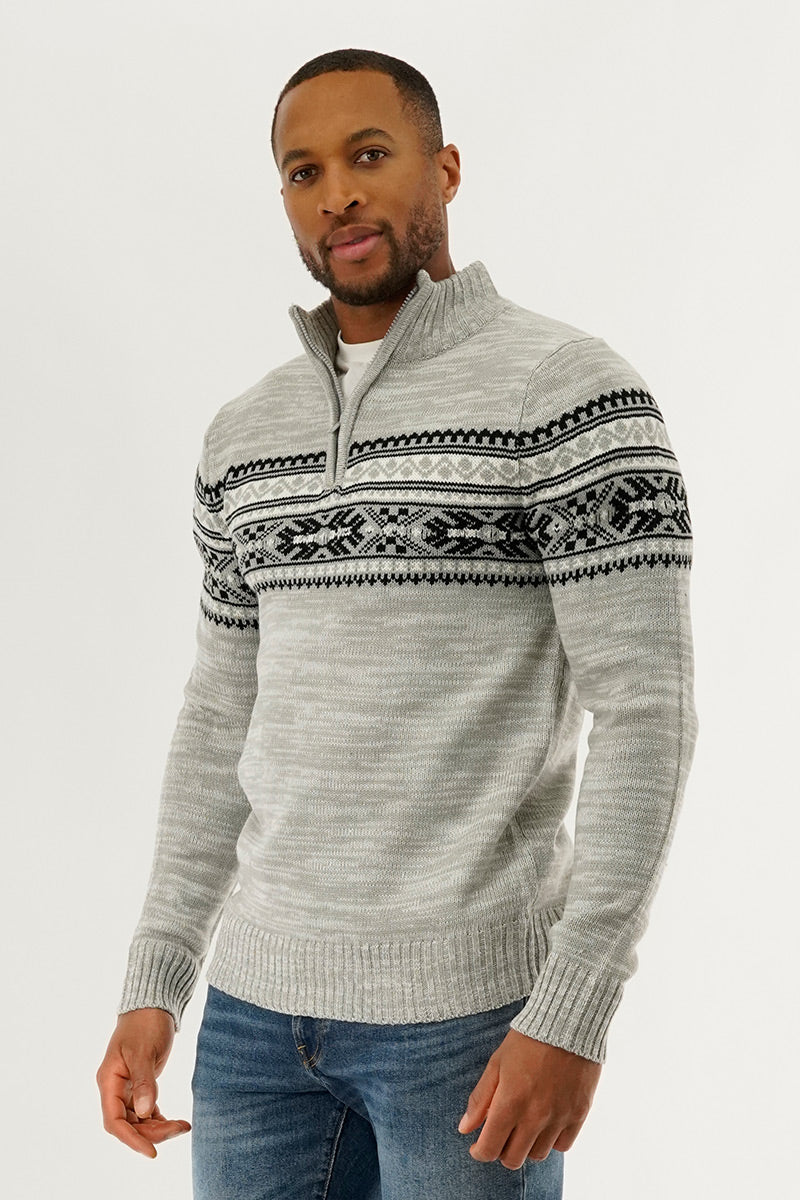 Canada Weather Gear 1/4 Zip Printed Pullover Sweater - Grey - Mens Pullover Sweaters - International Clothiers