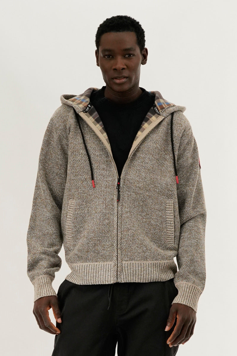 Canada Weather Gear Plaid Lined Zip Up Knit Hoodie - Beige - Mens Hoodies & Sweatshirts - International Clothiers