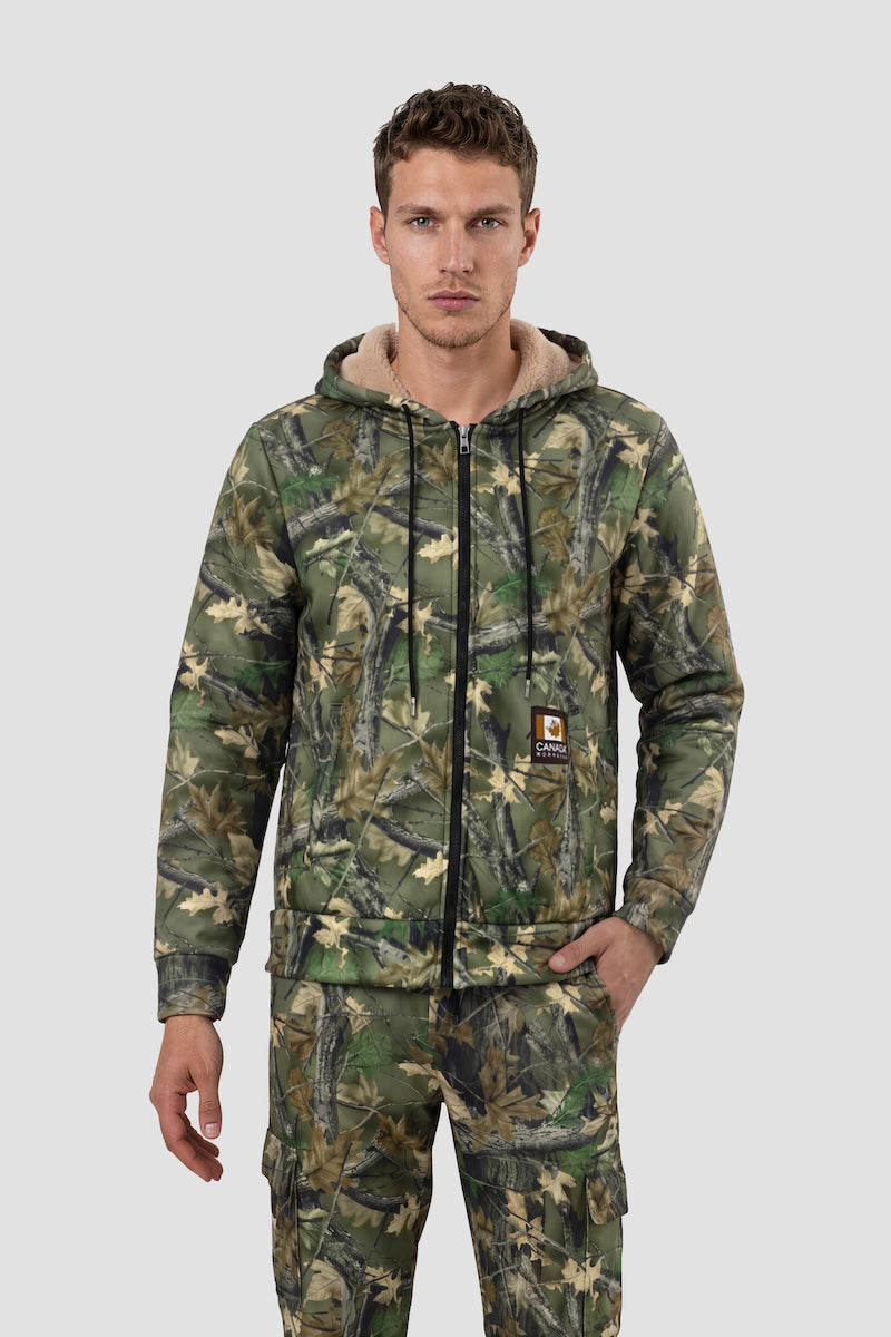 Long Sleeve Camo Print Zip-Up Hoodie - Green