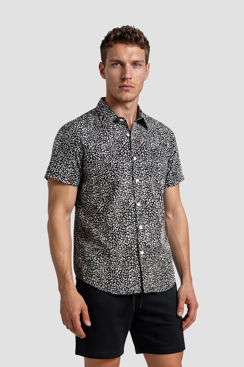 Short Sleeve Button Up Pattern Shirt - Black