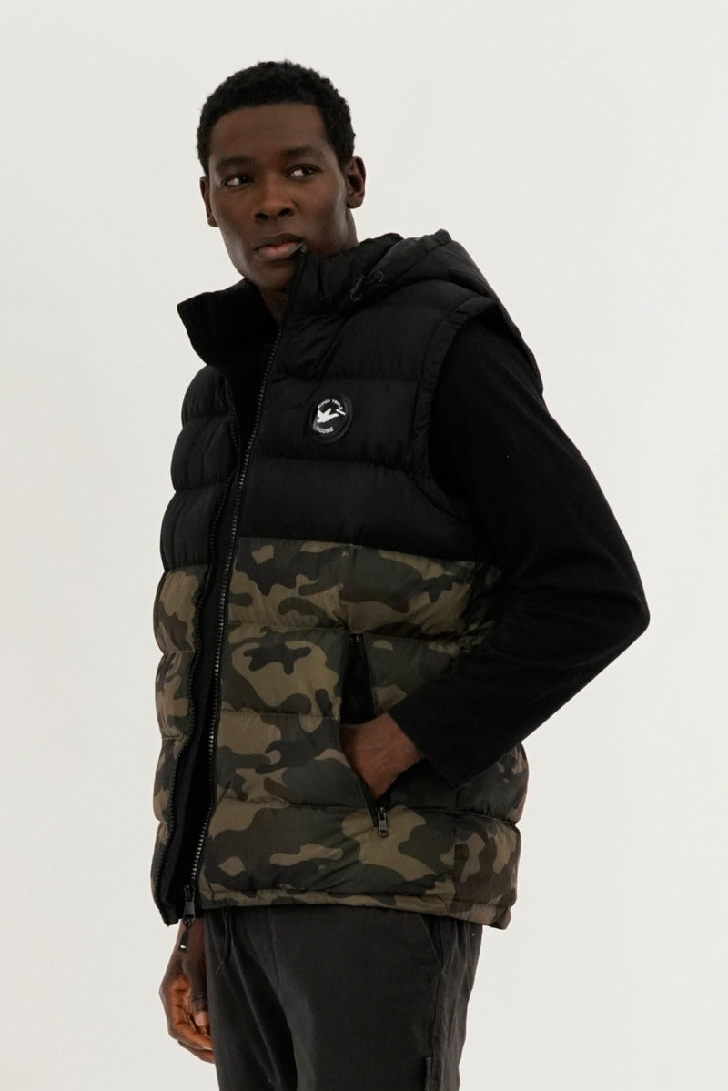 Super Triple Goose Colour Block Camo Hooded Vest - Olive - Mens Vests - International Clothiers