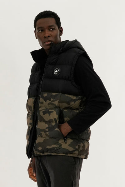 Super Triple Goose Colour Block Camo Hooded Vest - Olive - Mens Vests - International Clothiers