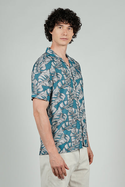 Stylexhange Vintage Leaf Print Camp Collar Button Up Casual Shirt - Teal