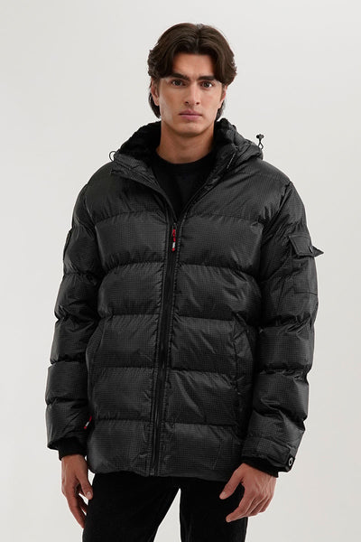 Canada Weather Gear Grid Pattern Puffer Parka Jacket - Black - Mens Parka Jackets - International Clothiers