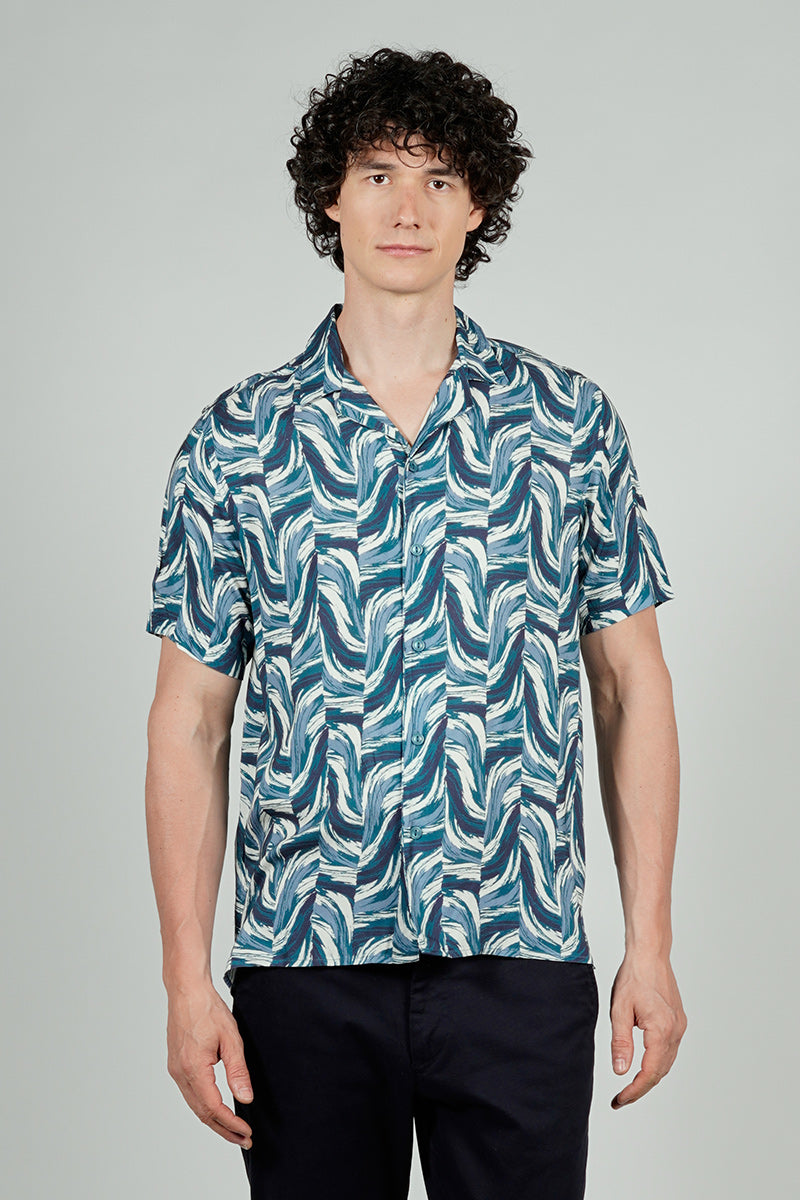 Stylexhange Vintage Patterned Camp Collar Button Up Casual Shirt - Blue