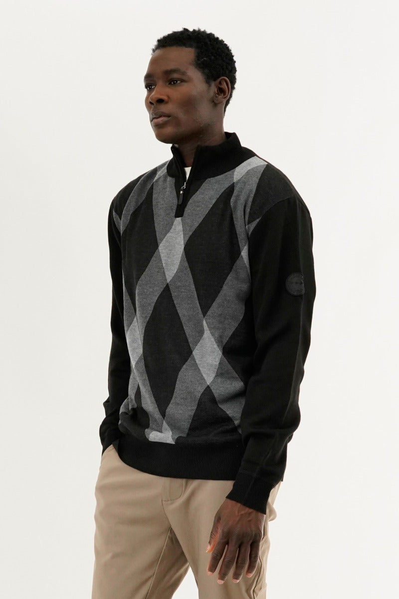 Canada Weather Gear Argyle Print 1/4 Zip Pullover Sweater - Black - Mens Pullover Sweaters - International Clothiers
