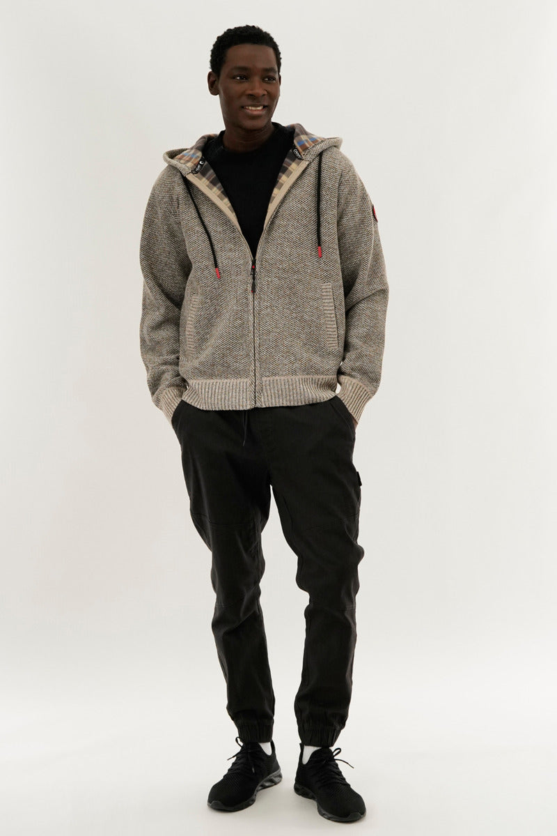Canada Weather Gear Plaid Lined Zip Up Knit Hoodie - Beige - Mens Hoodies & Sweatshirts - International Clothiers