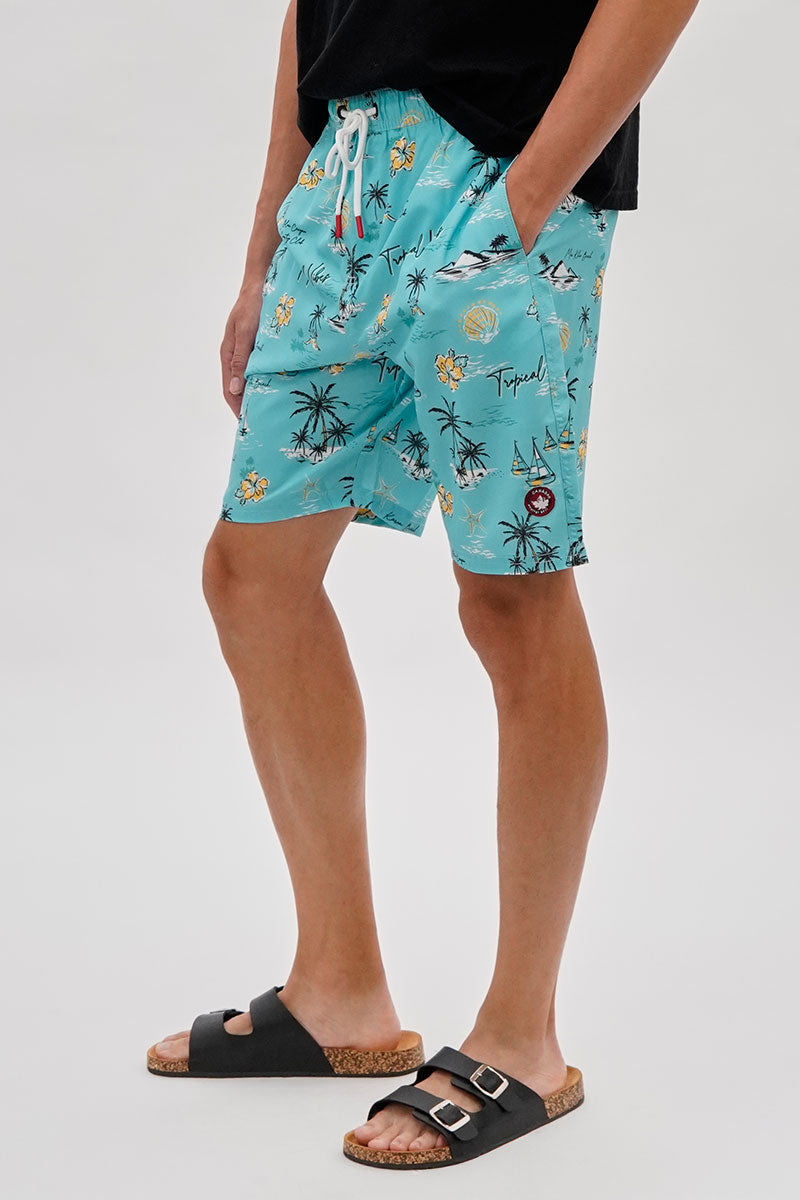 Canada Weather Gear Palm Tree Print Swim Shorts - Aqua - Mens Shorts & Capris - International Clothiers