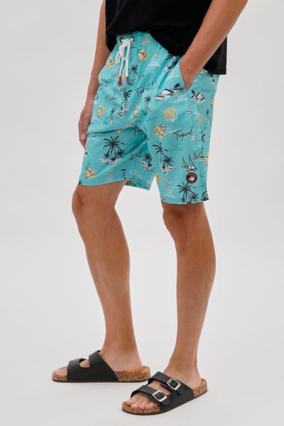 Canada Weather Gear Palm Tree Print Swim Shorts - Aqua - Mens Shorts & Capris - International Clothiers