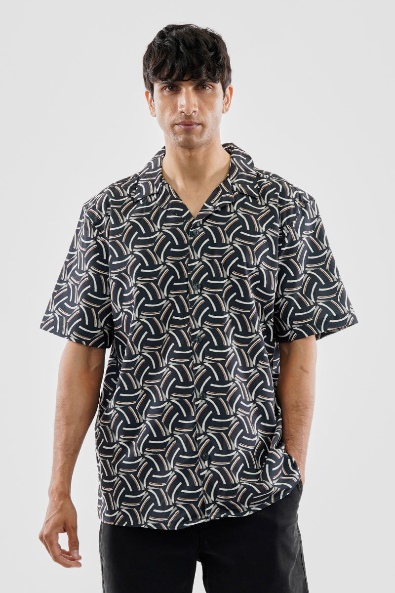 International INC Company Geometric Print Button Up Casual Shirt - Black