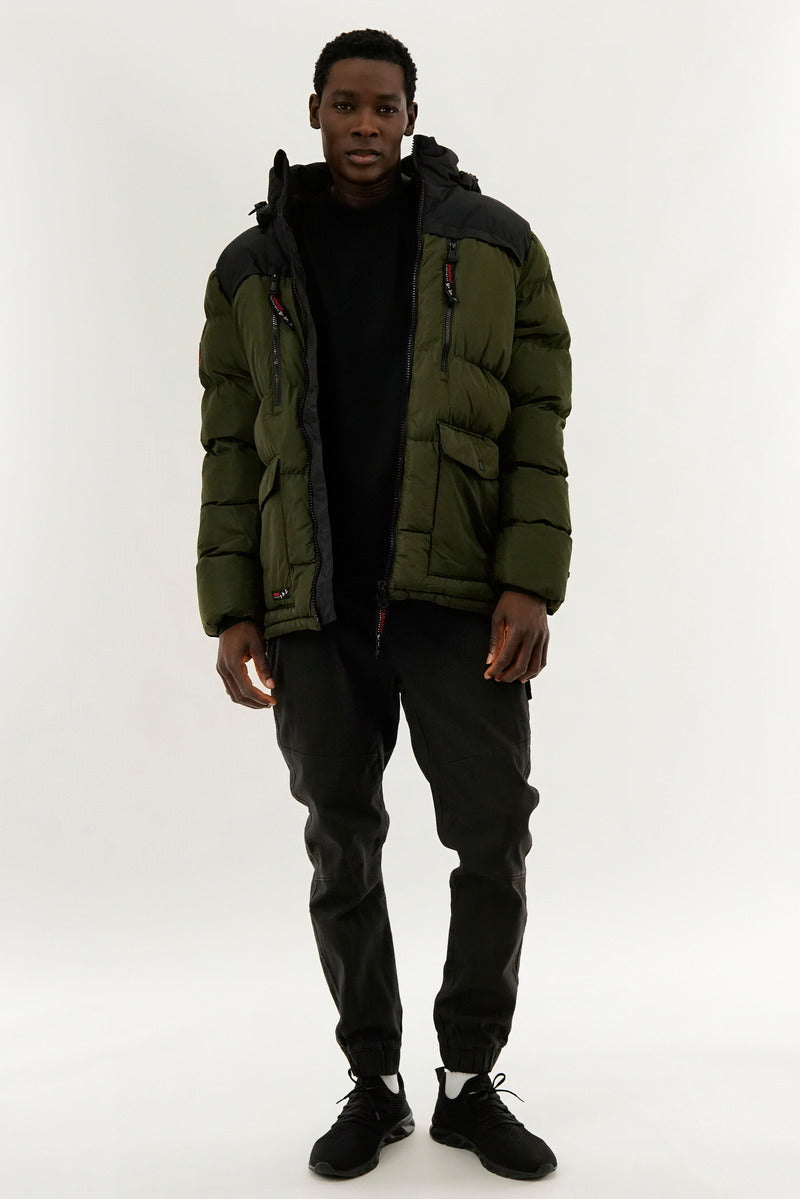 Canada Weather Gear Colour Block Puffer Bomber Jacket - Olive - Mens Bomber Jackets - International Clothiers
