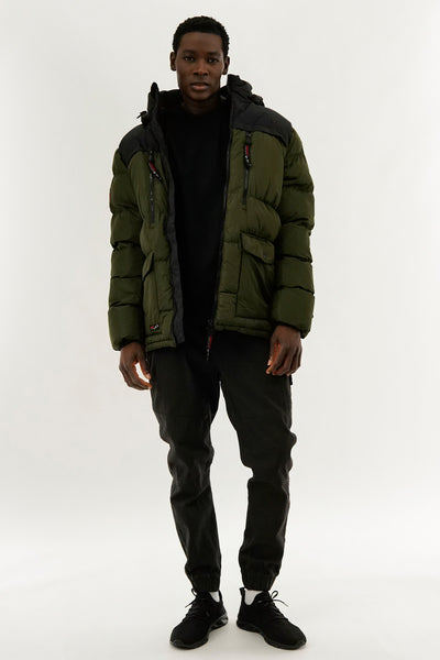 Canada Weather Gear Colour Block Puffer Bomber Jacket - Olive - Mens Bomber Jackets - International Clothiers