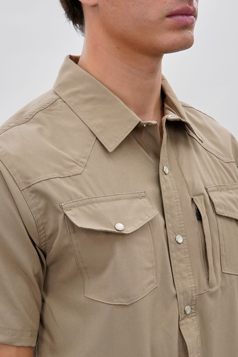 Canada Weather Gear Short Sleeve Snap Button Casual Shirt - Beige - Mens Casual Shirts - International Clothiers