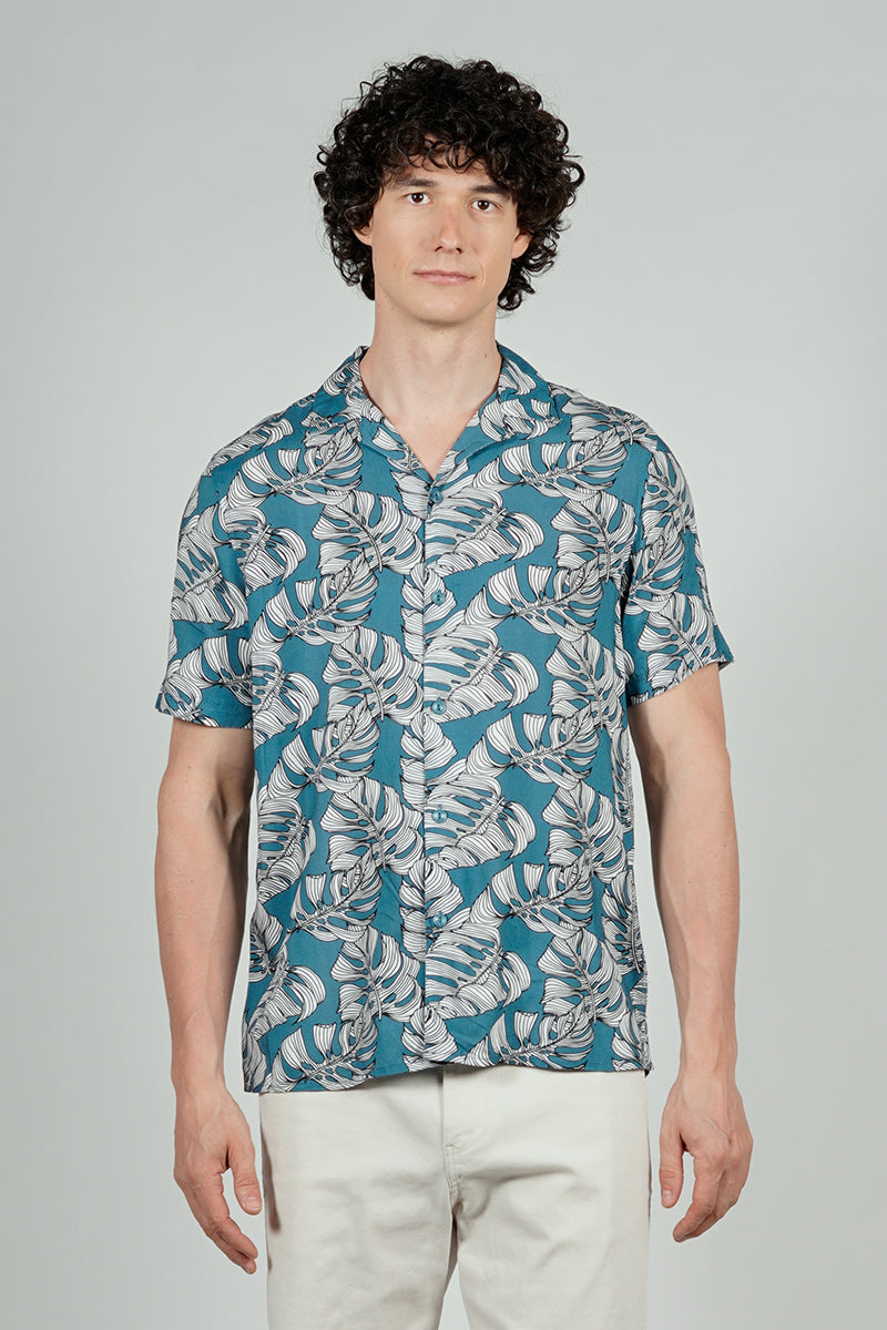 Stylexhange Vintage Leaf Print Camp Collar Button Up Casual Shirt - Teal