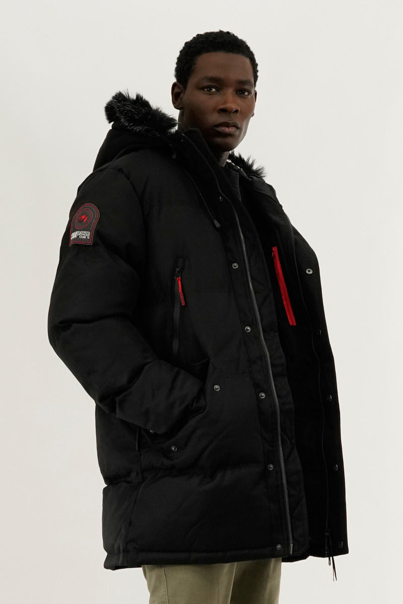 Super Triple Goose Faux Fur Lined Backpack Strap Parka Jacket - Black - Mens Parka Jackets - International Clothiers