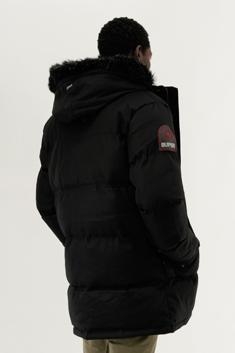 Super Triple Goose Faux Fur Lined Backpack Strap Parka Jacket - Black - Mens Parka Jackets - International Clothiers