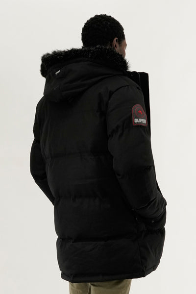 Super Triple Goose Faux Fur Lined Backpack Strap Parka Jacket - Black - Mens Parka Jackets - International Clothiers