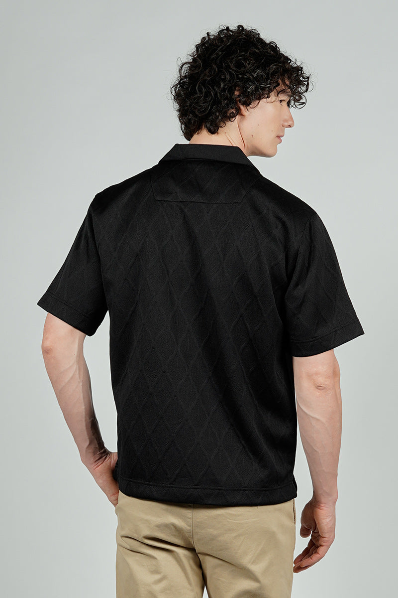 Saints Studio Solid Diamond Pattern Textured Camp Collar Casual Shirt - Black