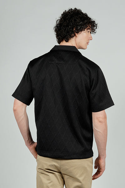 Saints Studio Solid Diamond Pattern Textured Camp Collar Casual Shirt - Black