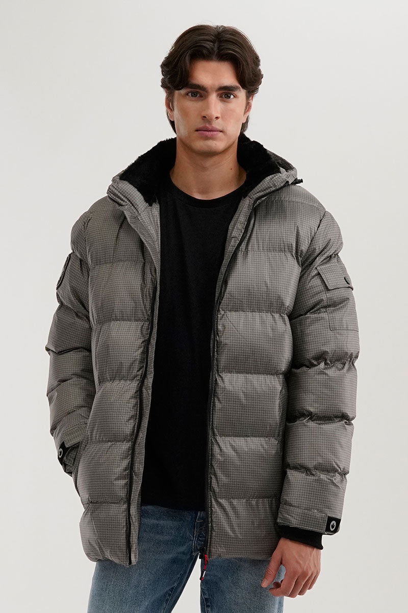 Canada Weather Gear Grid Pattern Puffer Parka Jacket - Grey - Mens Parka Jackets - International Clothiers