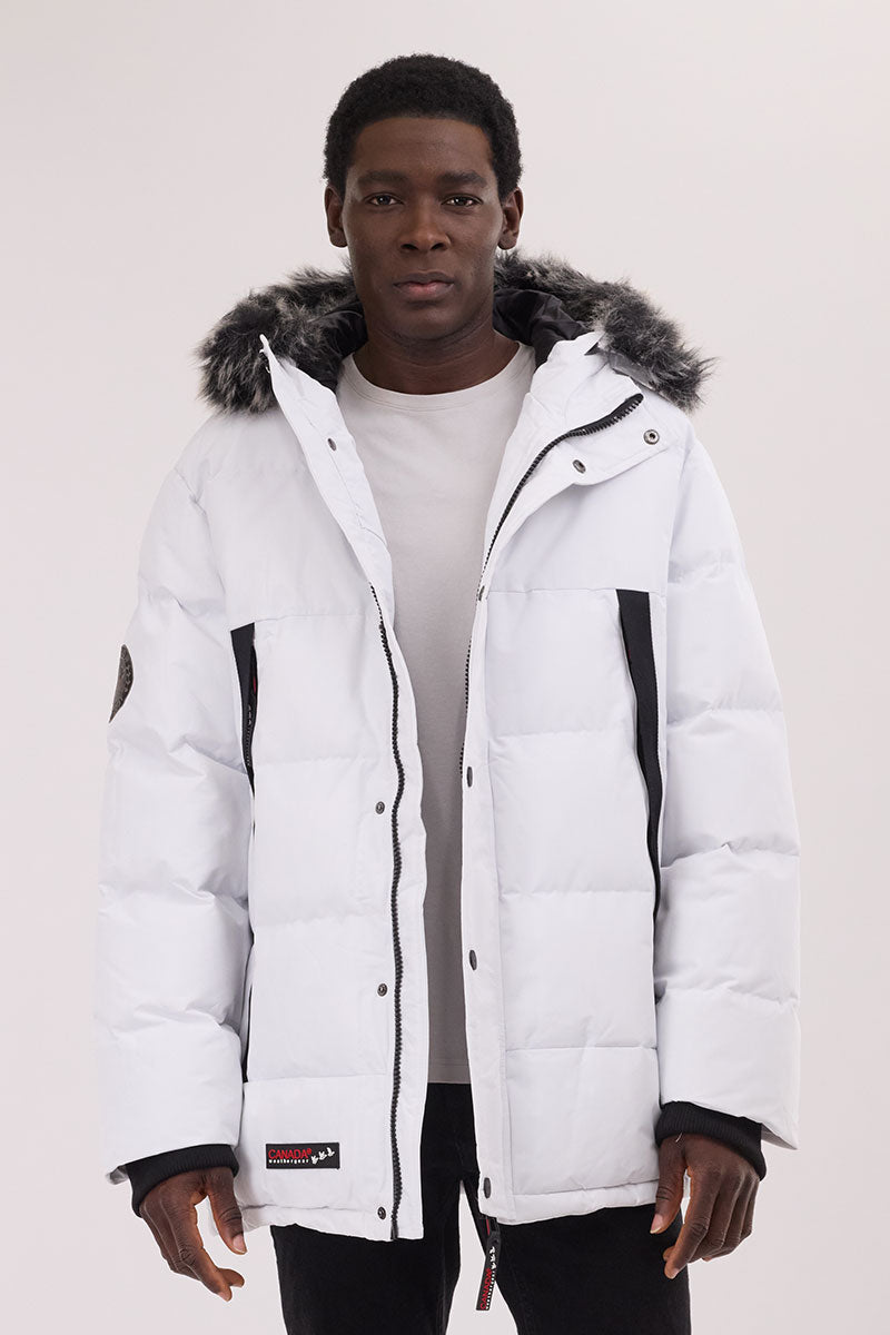 Canada Weather Gear Faux Fur Trim Puffer Parka Jacket - White - Mens Parka Jackets - International Clothiers