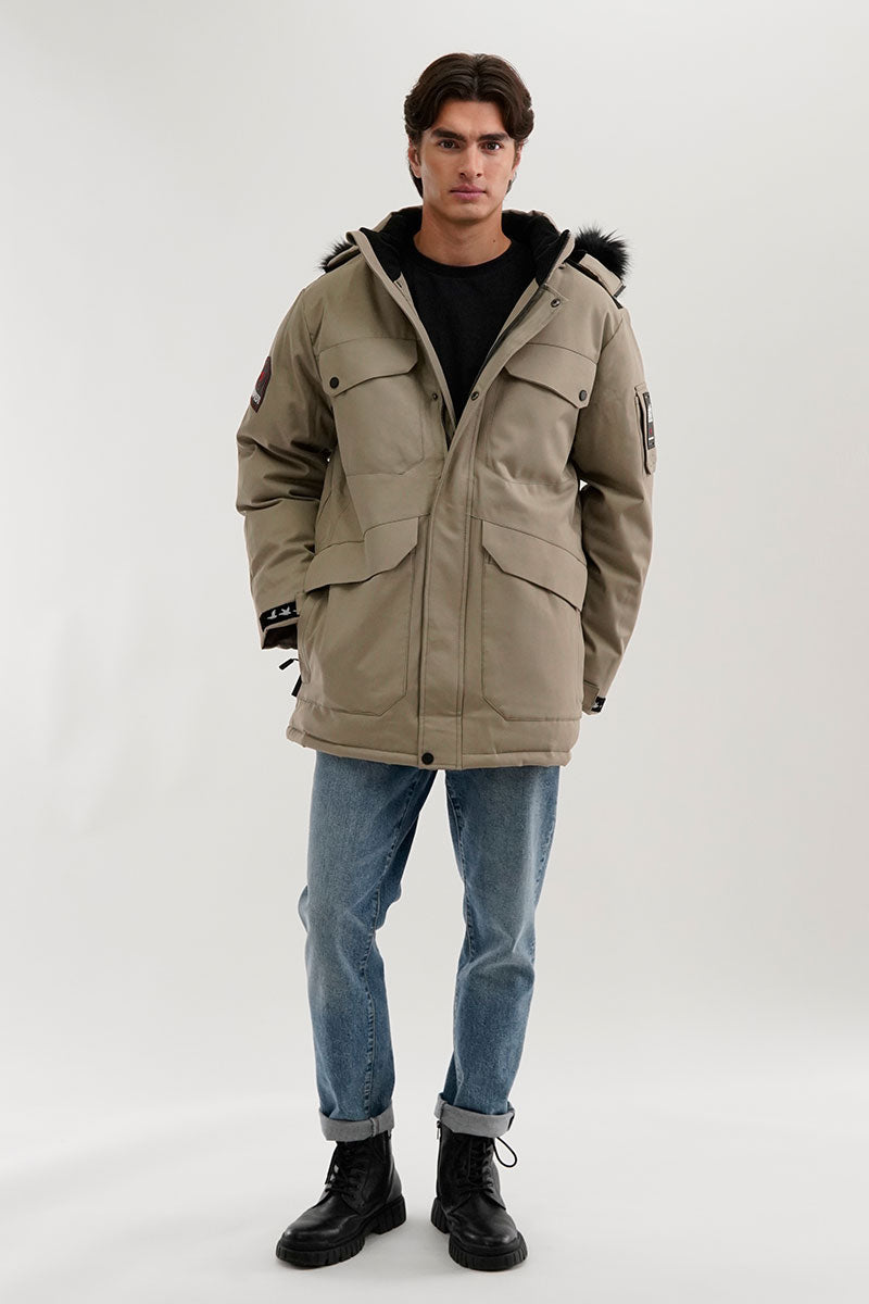 Super Triple Goose Faux Fur Lined Parka Jacket - Beige - Mens Parka Jackets - International Clothiers