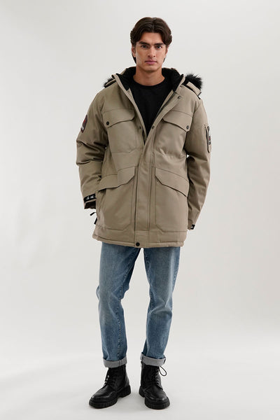 Super Triple Goose Faux Fur Lined Parka Jacket - Beige - Mens Parka Jackets - International Clothiers