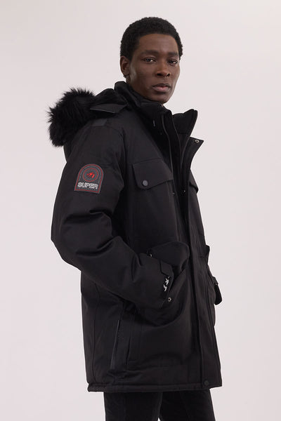 Super Triple Goose Faux Fur Lined Parka Jacket - Black - Mens Parka Jackets - International Clothiers