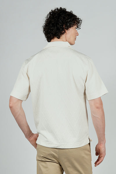 Saints Studio Solid Diamond Pattern Textured Camp Collar Casual Shirt - Cream