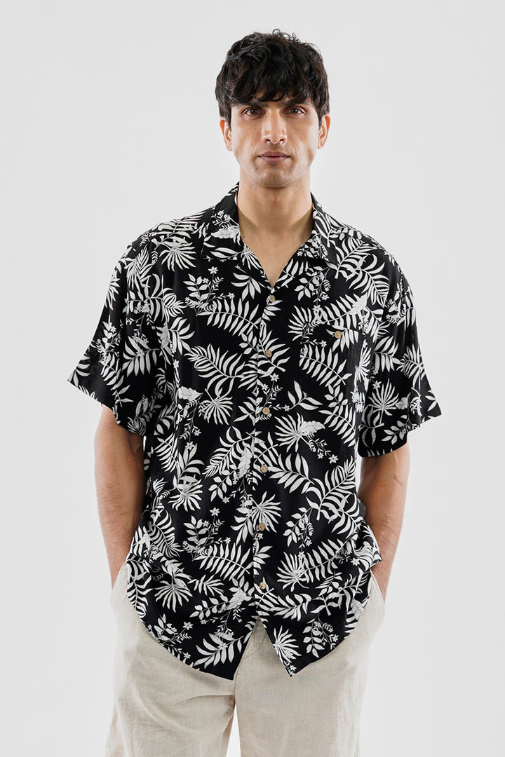 Super Triple Goose Vintage Leaf Print Button Up Casual Shirt Black