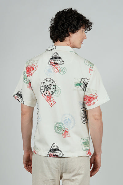 Malibu By Drill Travel Stamp Pattern Button Up Casual Shirt - Cream