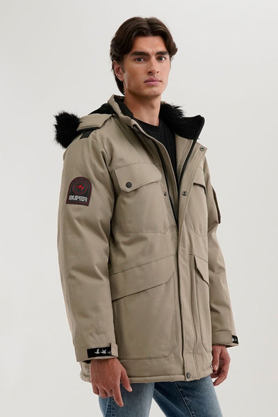 Super Triple Goose Faux Fur Lined Parka Jacket - Beige - Mens Parka Jackets - International Clothiers