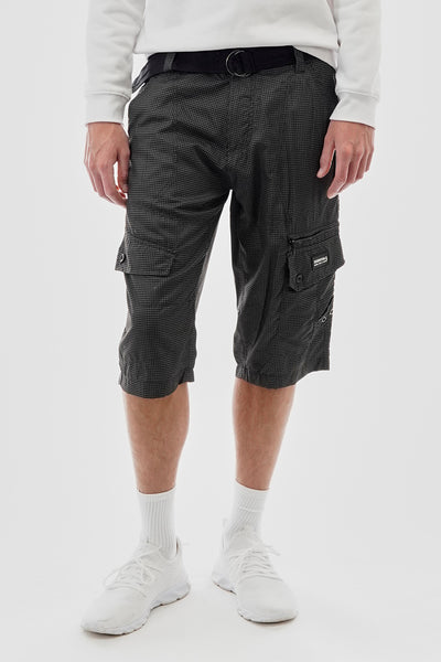 Essentials Super Triple Goose Grid Pattern Belted Cargo Shorts - Black - Mens Shorts & Capris - International Clothiers