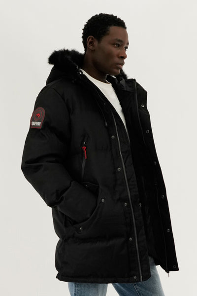 Super Triple Goose Faux Fur Lined Backpack Strap Parka Jacket - Black - Mens Parka Jackets - International Clothiers